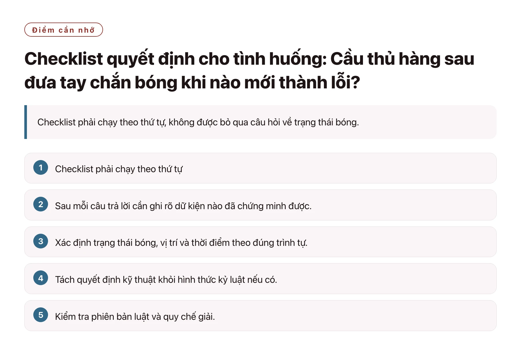 Checklist quyết định cho tình huống: Cầu thủ hàng sau đưa tay chắn bóng khi nào mới thành lỗi?——全文要点速览